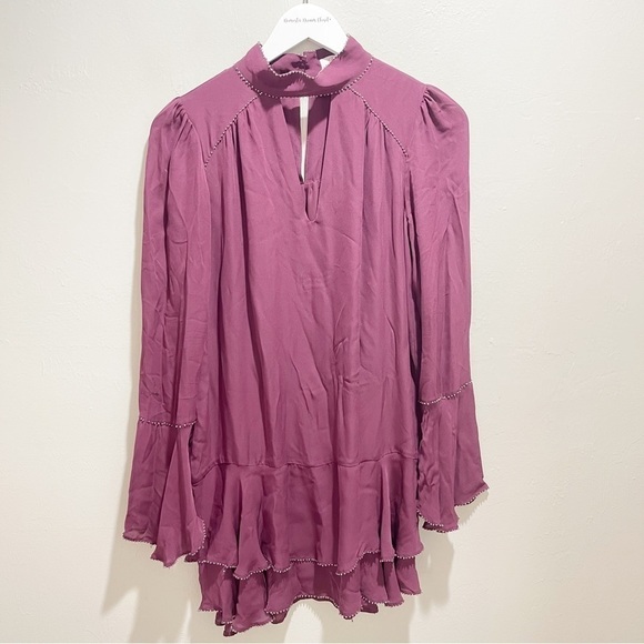 PARKER Women’s Burgundy Silk TESSA Choker Neck Bell Slv Keyhole Beaded Dress  XS - Picture 2 of 8